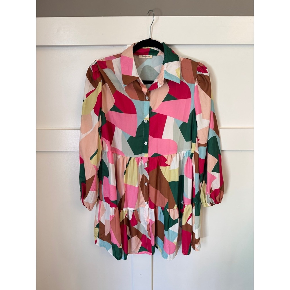 Sunday Up colorful pattern button front long sleeve dress size small EUC‎